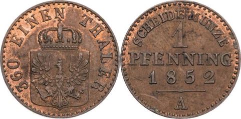 Muenze Ein Pfenning 1852 Vorder und Rueckseite